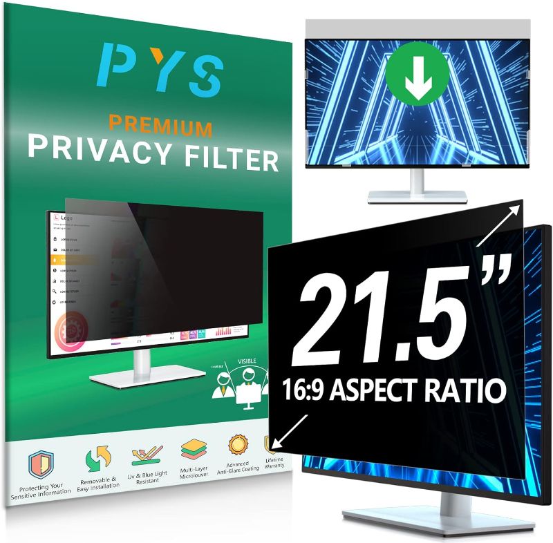 Photo 1 of PYS 21.5 Inch Privacy Screen for 16:9 Widescreen Computer Monitor - Easy Removable Screen Filter Shield - Anti Glare & Blue Light - Anti Scratch Protector Film for Data Security