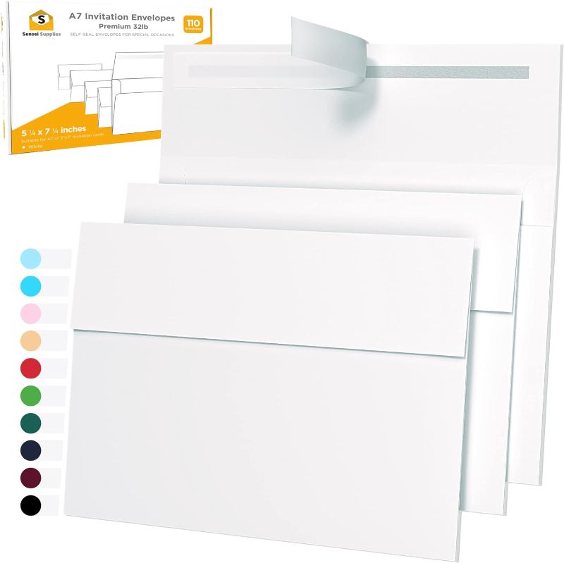 Photo 1 of 5x7 Envelopes for Invitations - 110 White Envelopes for 5x7 Cards - A7 - (5 ¼ x 7 ¼ inches) - Perfect for Weddings, Graduation, Baby Shower - 120 GSM - Peel, Press & Self Seal - Square Flap