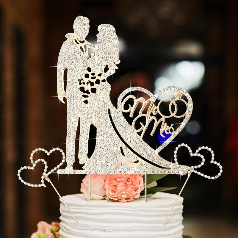 Photo 1 of 3 Pack Mr and Mrs Cake Topper Rhinestone Metal Love Wedding Cake Topper Crystal Heart Shaped Cake Toppers Funny Diamond Bride and Groom Anniversary Party Cake Decoration Gold