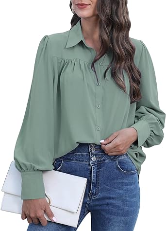 Photo 1 of IFFEI Women Button Down Shirts Oversized Lantern Long Sleeve Blouses Solid Color Business Casual Tops Large Violet