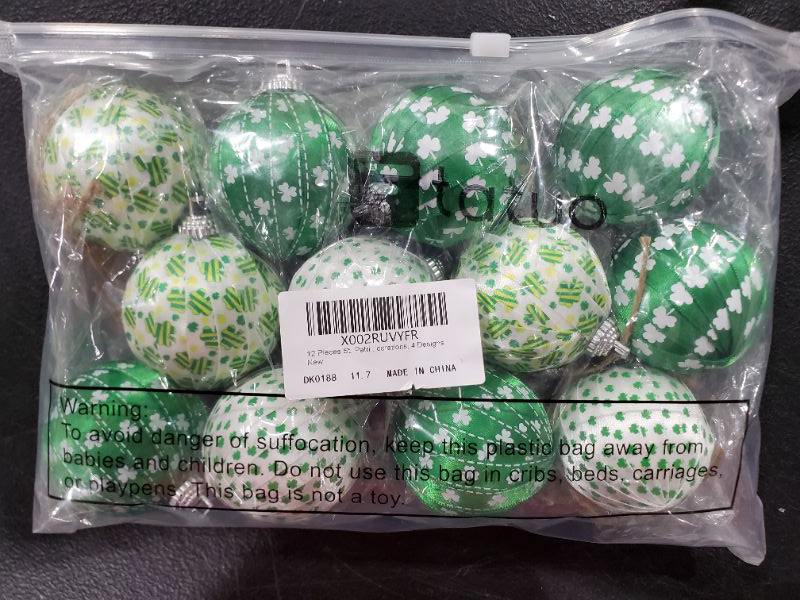 Photo 1 of 12 Pieces St. Patrick's Day Hanging Ornaments Green Shamrock Fabric Wrapped Balls Decorations Decorative Ball Supplies for St. Patrick's Day Party Home Decorations, 4 Designs