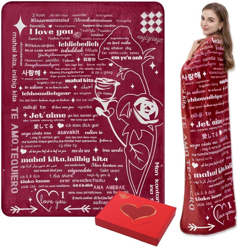 Photo 1 of I Love You 100 Languages Blanket Girlfriend Gifts Mom Boyfriend Daughter Son Wife Birthday Valentines Day Gifts for Women Soft Fleece Throw Blanket 50”x 65”