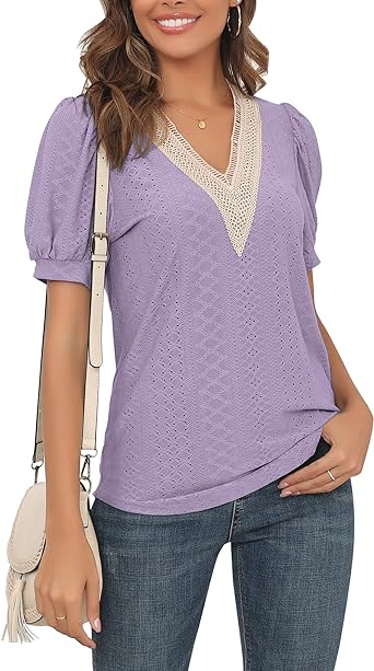 Photo 1 of ANGGREK Womens Eyelet Summer Tops Dressy Casual V Neck Puff Sleeve Solid Color T Shirts Hollowed Out Blouses SMALL