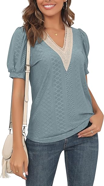 Photo 1 of ANGGREK Womens Eyelet Summer Tops Dressy Casual V Neck Puff Sleeve Solid Color T Shirts Hollowed Out Blouses MEDIUM