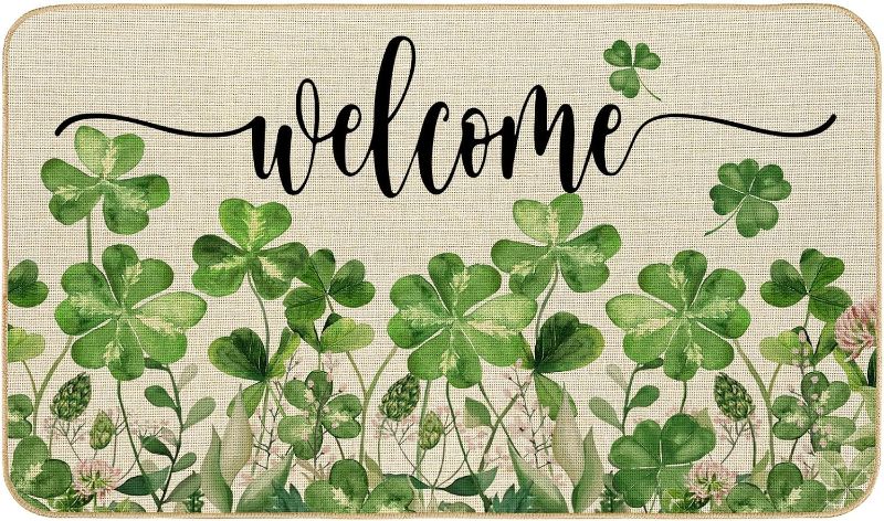 Photo 1 of AnyDesign St. Patrick's Day Doormat Watercolor Green Shamrock Welcome Mat Irish Holiday Decorative Non-Slip Entrance Door Rug for Spring Indoor Outdoor Bathroom, 17 x 29 Inch
