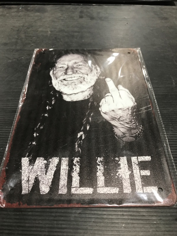 Photo 1 of 12X8 INCH TIN METAL SIGN. WILLIE NELSON MIDDLE FINGER.