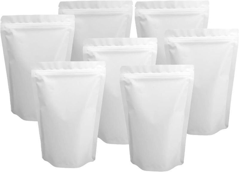 Photo 1 of 100 Pack Matte White Mylar Stand Up Bags - 5.5x7.8 Inches Resealable Smell Proof Packaging Pouch, Sealable Foil Bags for Food Storage, Sample Pouches
