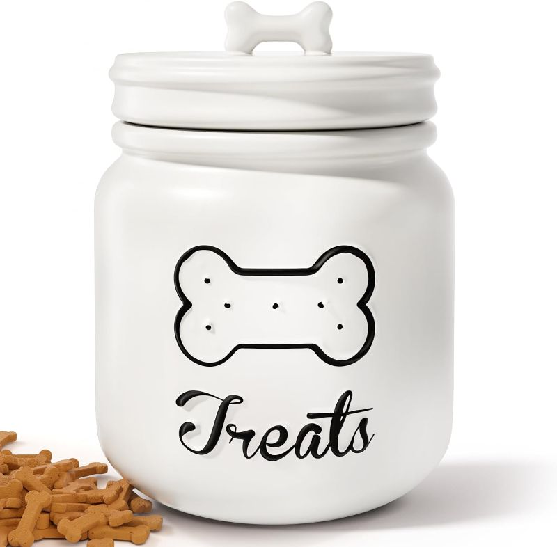 Photo 1 of Dog Treat Container Airtight - 6"W x 8"H Ceramic Dog Treat Jar with Lid - Big Matte White Dog Treat Canister - Large Dog Cookie Jar - Pet Treat Container Airtight - Dog Treat Jars for Kitchen Counter