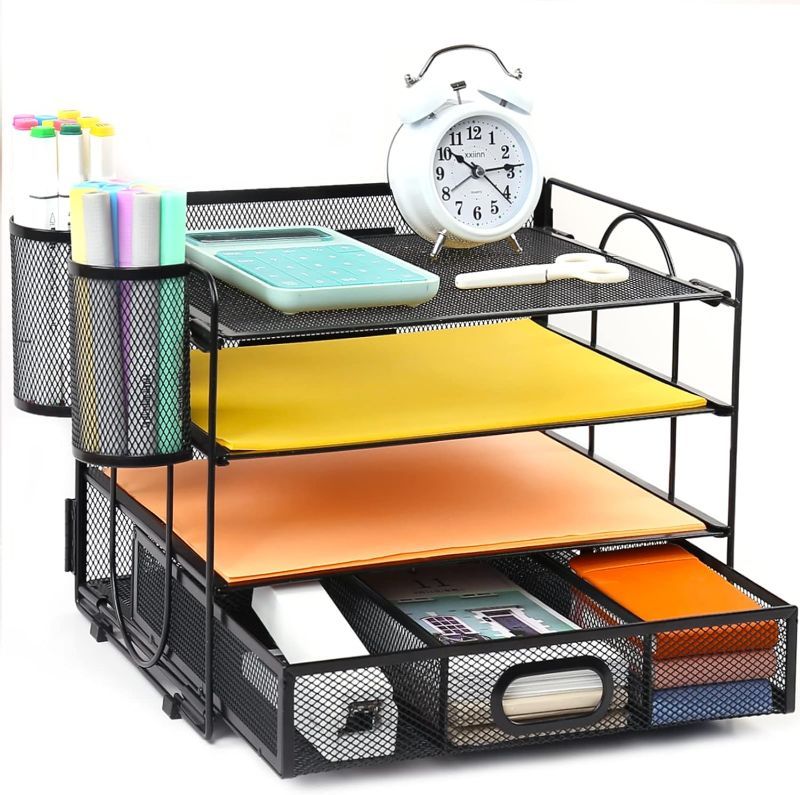 Photo 1 of Desk Organizer with Drawer & 2 Pen Holders, 4 Tray Letter Paper Desk Organizers and Accessories, Mesh Office Supplies Desktop File Organizer for Desk, Desk Organizers and Storage (Black)