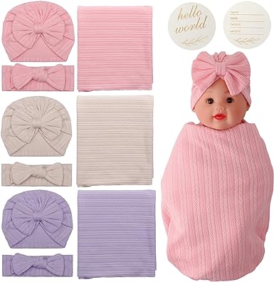 Photo 1 of 3 Set Newborn Swaddle Set, Soft Newborn Receiving Blanket Receiving Headband and Bow Hat with Wooden Birth Announcement Card Baby Swaddle Set Newborn for Girls Newborn Boys Essentials