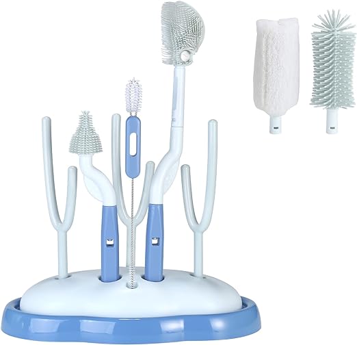 Photo 1 of Baby Bottle Brush and Drying Rack, VOOWO Rotating Silicone Bottle Brush with Long Handle, Bottle Drying Rack with Bottle Cleaner Brush & Nipple & Straw Cleaner (Blue Rotating Brush & Drying Rack)

