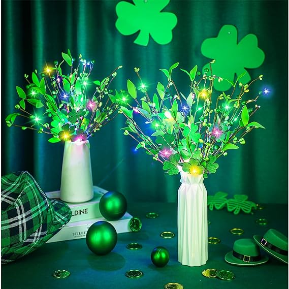 Photo 1 of 8 Pcs Saint Patrick's Day Shamrock Picks Artificial Saint Patrick's Day Stems with LED Light Battery Operated Saint Patrick's Day Branches Colorful Shamrock Decorations for Vase Centerpiece
