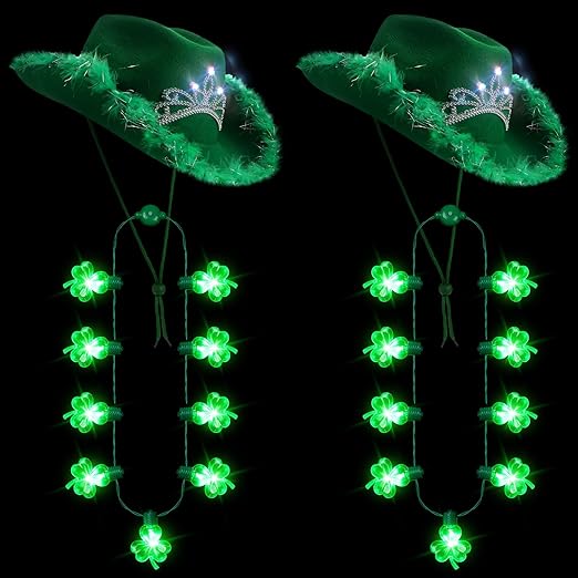 Photo 1 of 4 Pcs St. Patrick's Day Accessories Green Cowboy Hat Light up Shamrock Necklace for Saint Patricks Party Supplies(Tiara)
