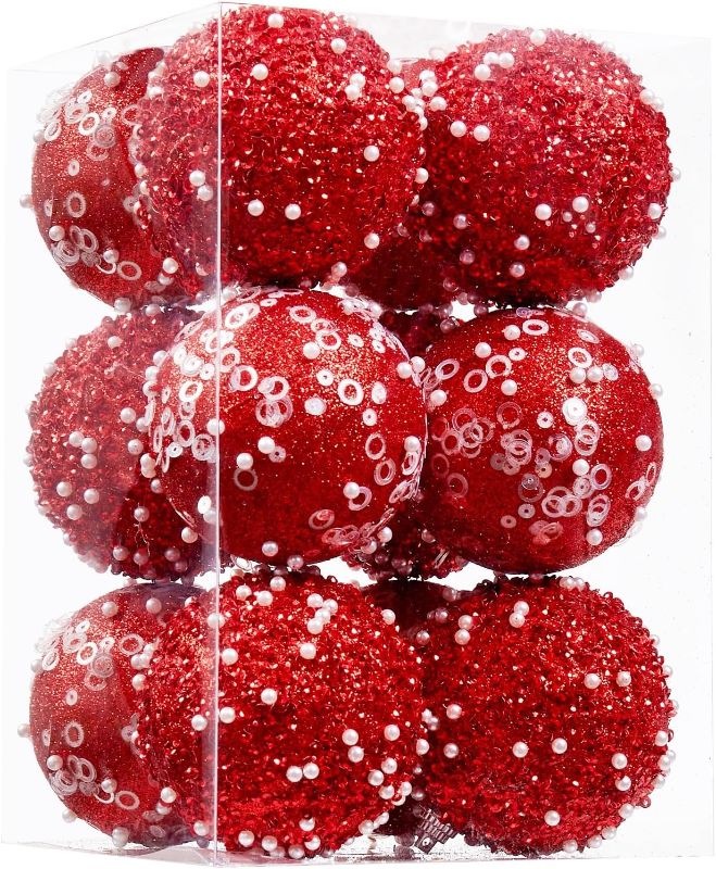 Photo 1 of 12CT Christmas Ball Ornaments, Red Christmas Ball Decorations Shatterproof Plastic Hanging Pearl Balls for Holiday Party(70mm/2.76")