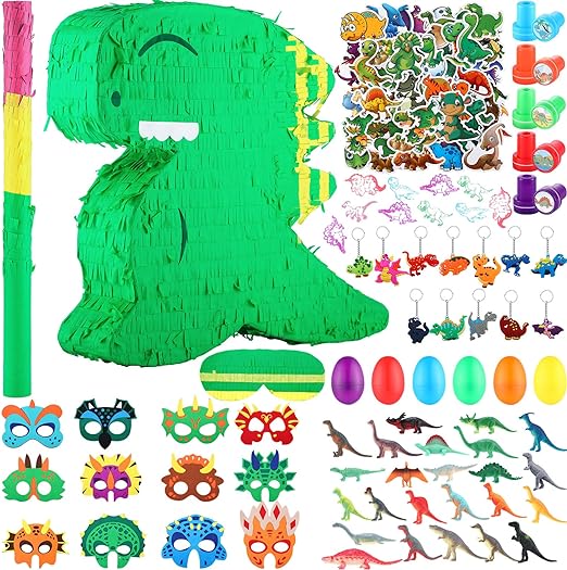 Photo 1 of 223 Pcs Dinosaur Pinata Birthday Party Favors 16 x 12 x 3 Inch Dinosaur Pinata with Blindfold and Baton, Include Dinosaur Themed Party Toys for Girls and Boys
