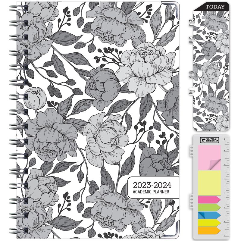 Photo 1 of Hardcover Academic Year 2023-2024 Planner (June 2023 Through July 2024) 5.5" x 8", Medium, Daily Weekly Monthly Planner Yearly Agenda. Bookmark, Pocket Folder and Sticky Note Set (Monochrome Peonies)