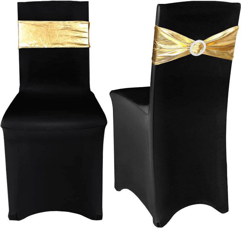 Photo 1 of 18PCS Stretch Chair Sash with Round Buckle for Graduation Prom Party Banquet Holidays Celebration (Black and Gold)