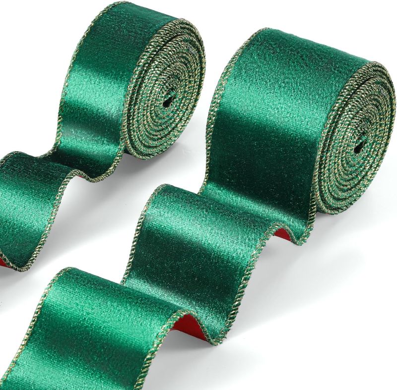 Photo 1 of 2 Rolls Christmas Velvet Ribbon 1.5, 2.5 Inch Wide Velvet Wired Ribbon with Gold Edge for Christmas Tree Decoration Gift Wrapping Bow DIY Crafts Decoration, Total 20 Yards 