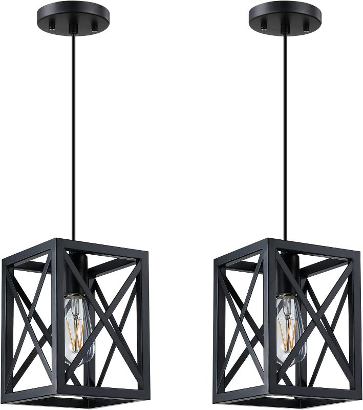 Photo 1 of 2 Pack 1 Light Rustic Farmhouse 6.5" Metal Rhombus Lantern Cage Mini Kitchen Island Pendant Light Fixture Black Finish for Table Foyer Over Sink Dining Room Cafe Bar
