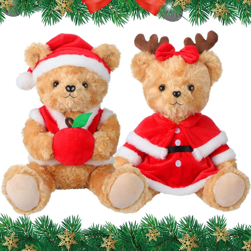 Photo 1 of 2 Pcs Stuffed Bears Gifts Soft Plush Bear Animal Toys Cute Brown Stuffed Animal 10 Inch with Red Vest Cloak Bow Hat Dress for Woman Valentine's Day...
