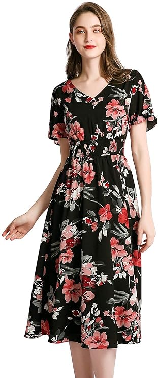 Photo 1 of Chiffon Floral Summer Sun Beach Dresses for Women 2023 with V Neck Elastic Waist medium 
