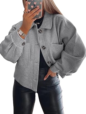 Photo 2 of (M) Fisoew Women's Fall Oversized Short Shacket Jacket Button Down Long Sleeve Shirt Jacket Coat with Pockets Light Grey 