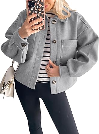 Photo 1 of Fisoew Women's Fall Oversized Short Shacket Jacket Button Down Long Sleeve Shirt Jacket Coat with Pockets Light Grey - Unknown size