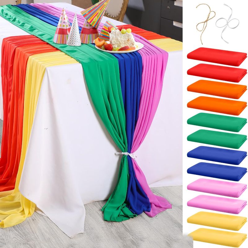Photo 1 of 10ft Chiffon Table Runner 29 x 120 Inches Sheer Chiffon Fabric Wedding Runner Sheer for Wedding Birthday Party Bridal Shower Outdoor Decoration (Macaron Color,12 Pcs) 12 Rainbow color