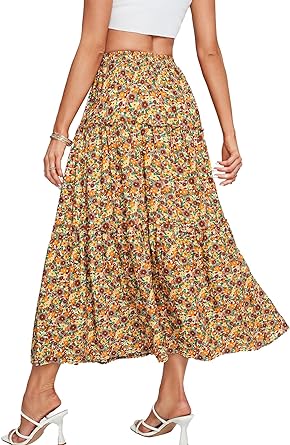 Photo 1 of (M) OPOIPIN Women's Floral High Waist Drawstring Ruffle Tiered A-Line Beach Flowy Long Skirt 