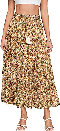 Photo 1 of (L) Women's Floral High Waist Drawstring Ruffle Tiered A-Line Beach Flowy Long Skirt
