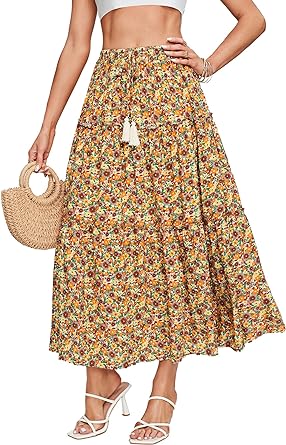 Photo 1 of (XL) Women's Floral High Waist Drawstring Ruffle Tiered A-Line Beach Flowy Long Skirt