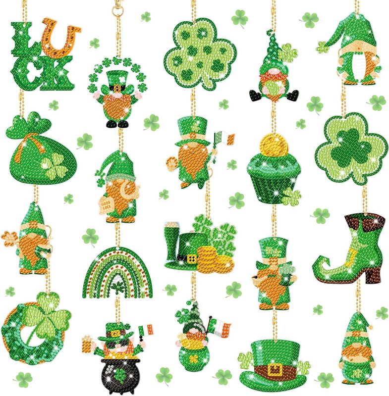 Photo 1 of 20 Pieces St. Patrick's Day Diamond Art Ornaments 5d DIY Rhinestone Painting Keychain Kit Lucky Green Shamrock Gnome Diamond Art Kits Irish Day Ornaments for Kids Crafts Party Decor