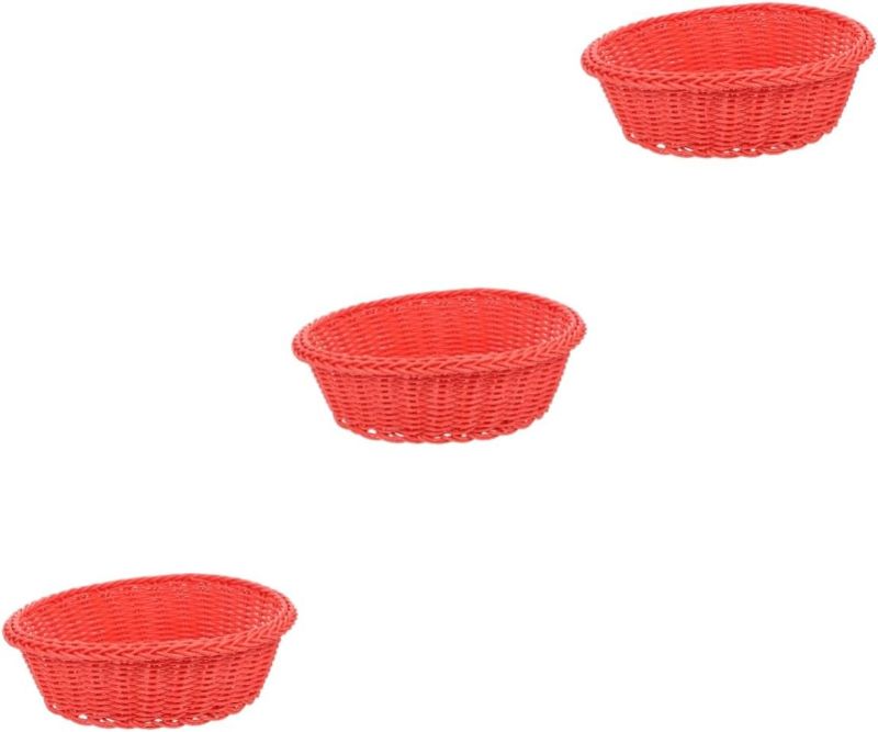 Photo 1 of 3 Pcs Woven Fruit Basket Bread Basket Dessert Store Trays Veggie Tray Wicker Basket Wicker Tray Wicker Fruit Bowl Chips Snack Trays Egg Tray Household Finishing Basket re-usable