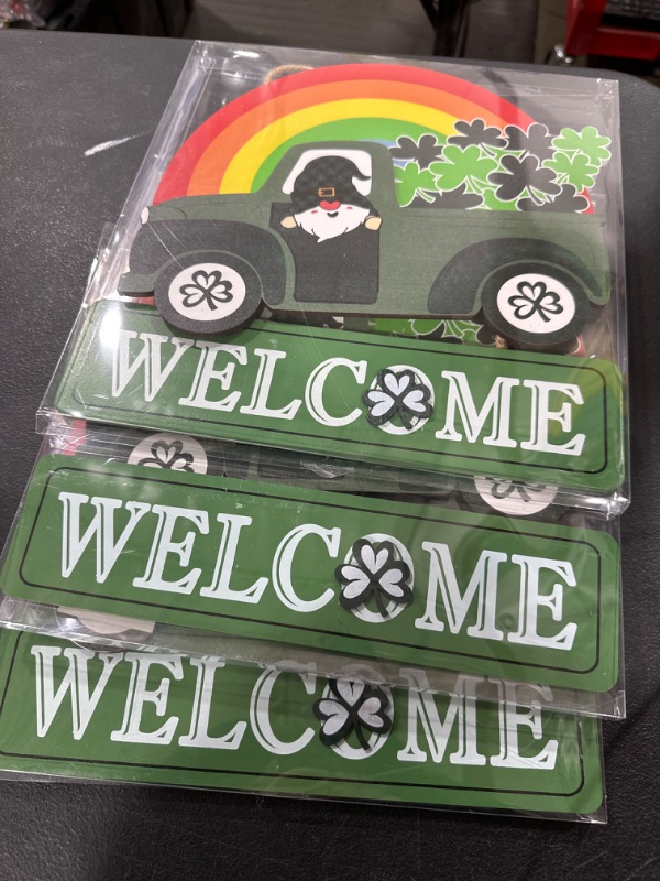 Photo 1 of 3 PK St Patricks Day Decorations, DECSPAS Green Truck with Rainbow Hanging Welcome Sign St Patricks Day Door Decor for The Home, Shamrock Ornaments Saint Patricks Day Decorations for Front Door Porch Wall