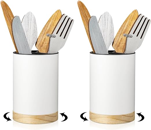 Photo 1 of 2 Pcs Rotating Utensil Holder Large Utensil Crock Kitchen Utensil Storage Organizer Plastic Utensil Holder with Removable Divide for Countertops Farmhouse Kitchen Decor
