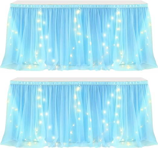 Photo 1 of 2 Pack Tutu Table Skirt Decoration with Lights - Baby Blue Table Skirts for Rectangle Tables - Table Tutu Skirt for Parties, Baby Shower, Cake Dessert Buffet Table Decorations
