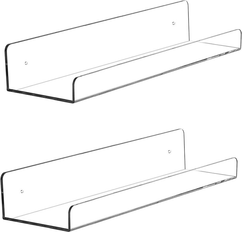 Photo 1 of 15" Invisible Acrylic Floating Wall Ledge Shelf, Wall Mounted Nursery Kids Bookshelf, Set of 2