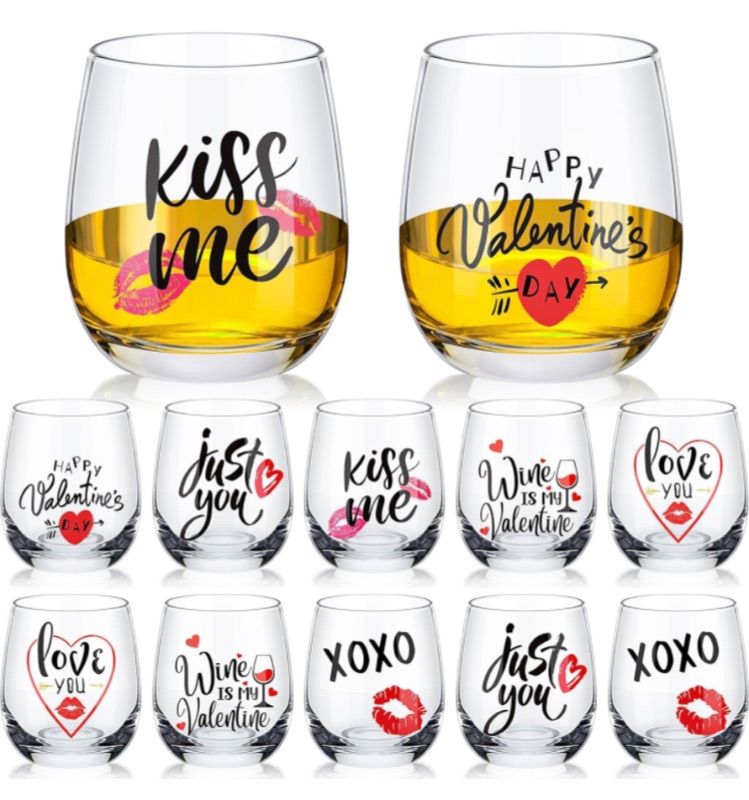 Photo 1 of 12 Pcs Valentine's Day Wine Glass 12oz Red Heart Lip Wine Glass Valentine's Day Stemless Glass