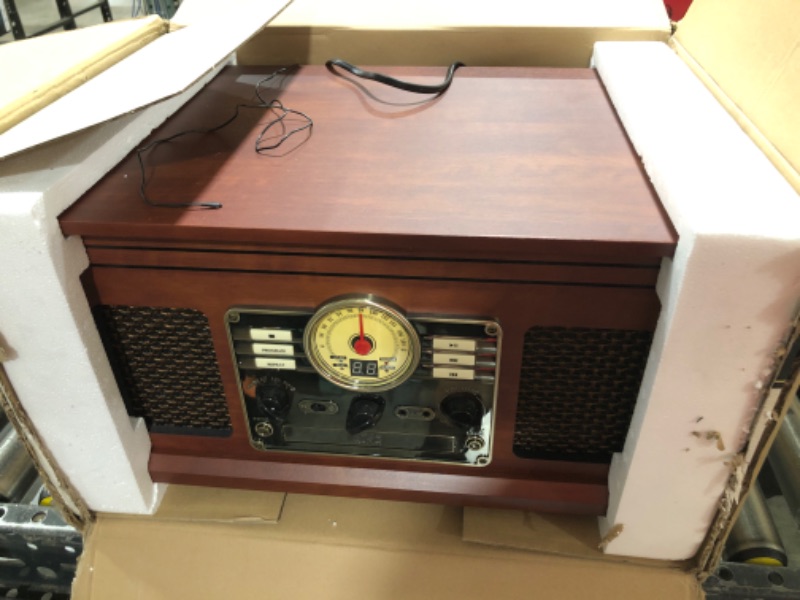 Photo 2 of Victrola Nostalgic 6-in-1 Bluetooth Record Player & Multimedia Center with Built-in Speakers - 3-Speed Turntable, CD & Cassette Player, FM Radio | Wireless Music Streaming | Mahogany Mahogany Entertainment Center