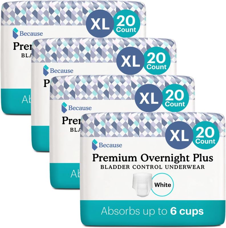 Photo 1 of Because Unisex Premium Overnight Plus Pull Up Underwear - Extremely Absorbent, Soft & Comfortable Nighttime Leak Protection - White,X- Large - Absorbs 6 Cups - 20 Count X-Large (Pack of 20)- 80ct case