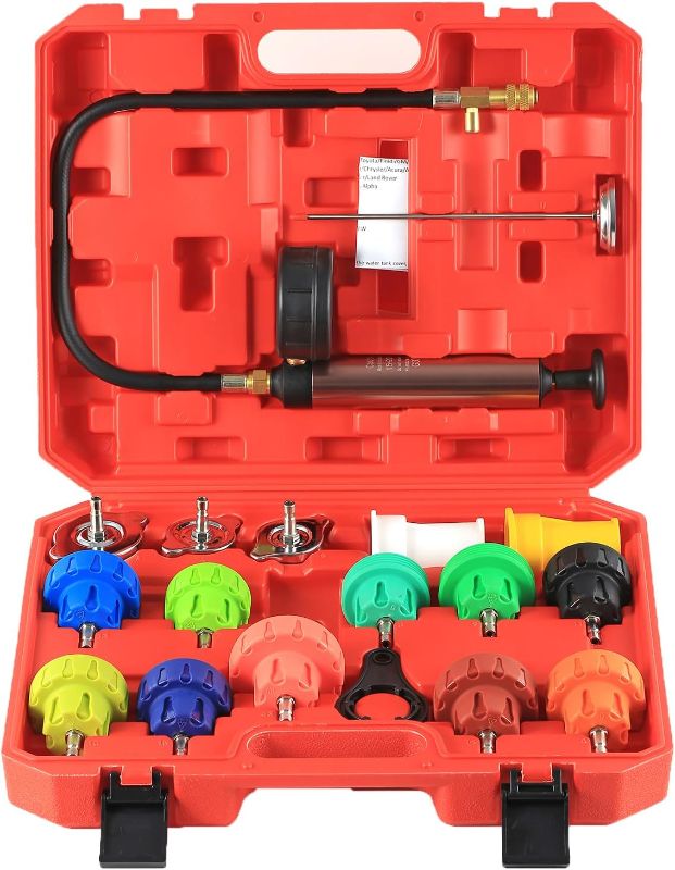 Photo 1 of 18PCS Radiator Pump Pressure Tester Kit, Pressure Leak Tester Tool Kit for Automotive Cooling System Water Tank Leakage Detection
