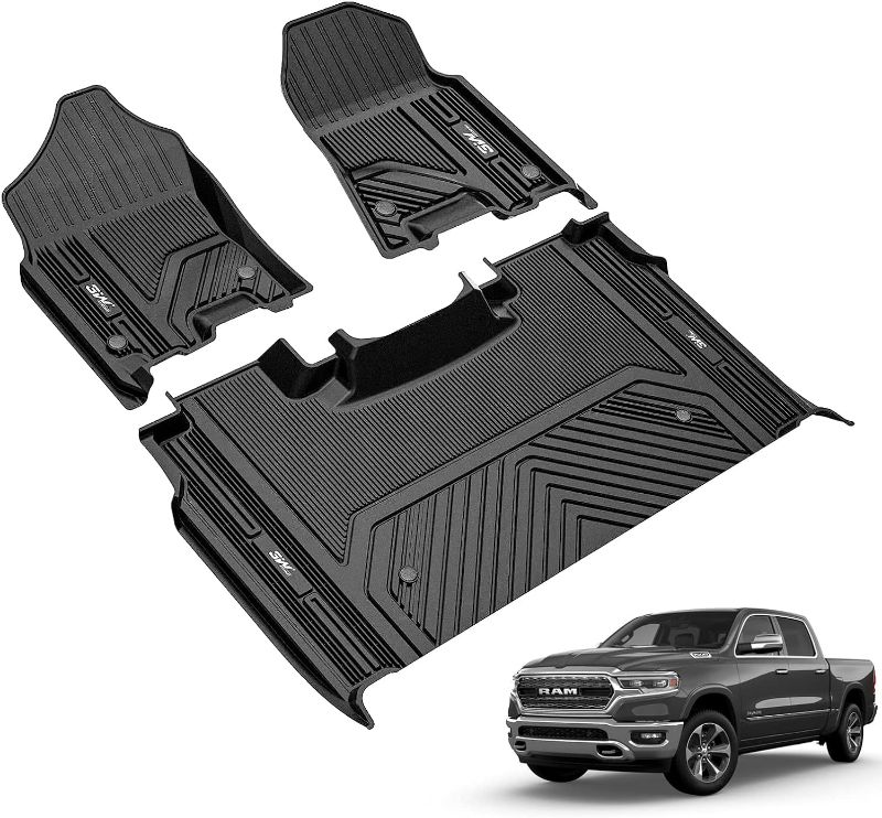 Photo 1 of 3W Floor Mats Compatible for Dodge Ram 1500 Without Storage 2019-2023, TPE All Weather Custom Fit Floor Liner for Dodge Ram, First and Second Row Full Set Car Mats Black Without Under-Seat Storage