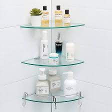 Photo 1 of Glass Shower Shelves 3 Tier Glass Corner Shelf with 3 Hangers, Corner Shelf for Shower Organizer with Rail Drill Hole Glass Shelves for Bathroom