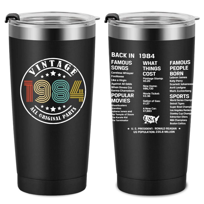 Photo 1 of 40th Birthday Gifts for Men Women Friends, Tumbler 20 oz Stainless Steel Vacuum Insulated Tumblers, Double Sided Printed Birthday Thermos cup, Back in 1984 Old Time Information - Black 1984 black thermos cup