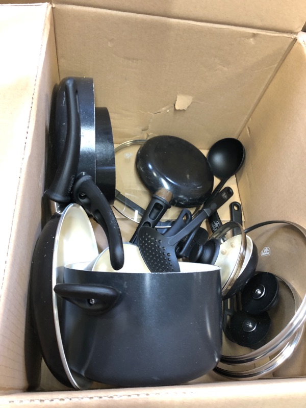 Photo 1 of GreenLife Soft Grip Healthy Ceramic Nonstick, 16 Piece Cookware Pots and Pans Set, PFAS-Free, Dishwasher Safe, Black & Cream Black & Cream 16 Piece Cookware Set