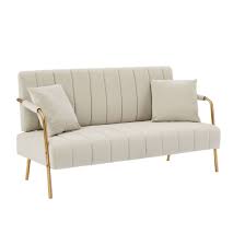Photo 1 of  Beige Velvet Upholstered 2-Seater Loveseat with Two Throw Pillows Metal Gold Frame Legs