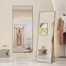 Photo 1 of 21in. W x 64in. H Aluminium Alloy Frame Gold Full Body Floor Mirror with Floor Stand and Wall Mounted Hooks
