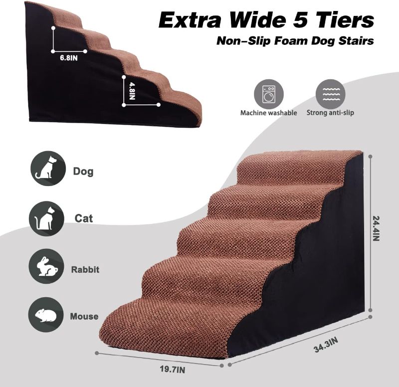 Photo 1 of A.FATI 5 Tiers Foam Dog Sairs for High Beds, Extra Wide Non-Slip 25" Dog Ramp with Removable and Washable Cover, Best for Large Dogs, Older Pets and Injured Dogs, Coffee
