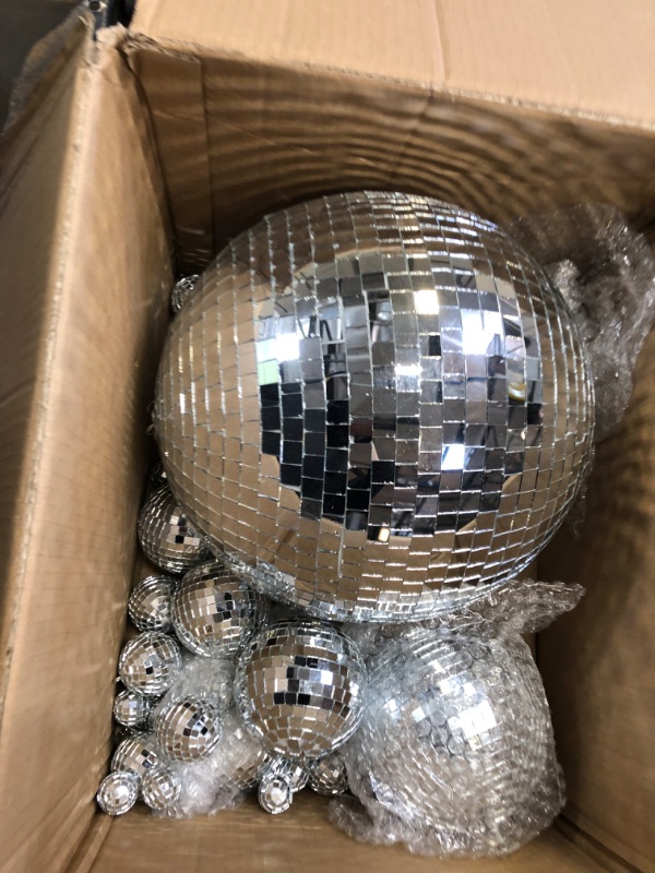 Photo 2 of 50 Pcs Disco Balls Ornaments Mini Disco Balls Silver Hanging Decorations Reflective Mirror Ball Cake Decoration 70s Disco Party Supplies for Christmas Festive (12'', 6'', 4'', 3.2'', 2'', 1.2'')