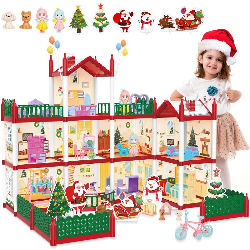 Photo 1 of deAO Doll House,Christmas Dollhouse Girl Toys - 3 Stories 9 Rooms with 2 Puppy,2 Dolls,Xmas Tree,Snowman,Dollhouse Furniture and Accessories, for Kids Girls 3+